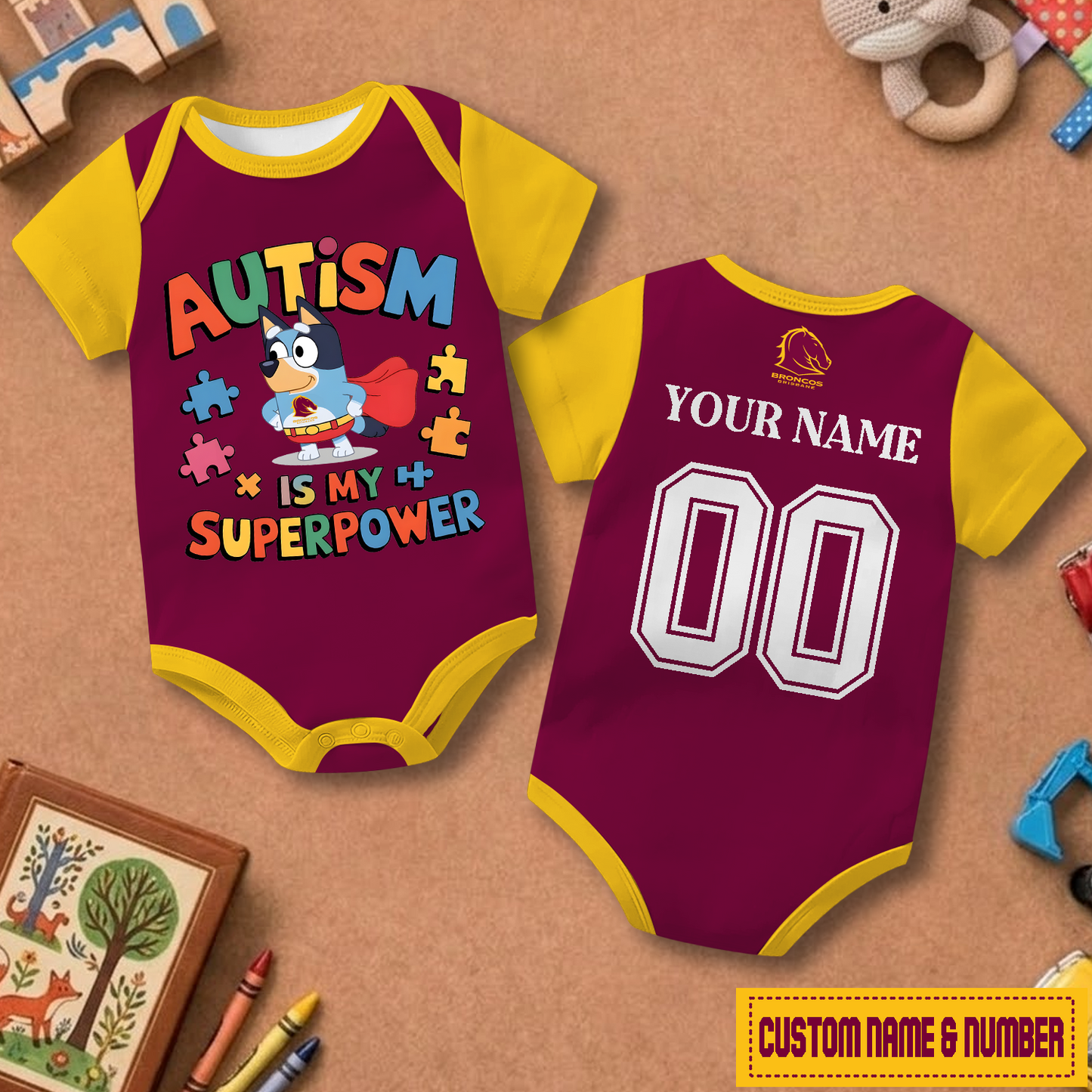 BRI x NRL Custom Name & Number Baby Romper DATND TANTD