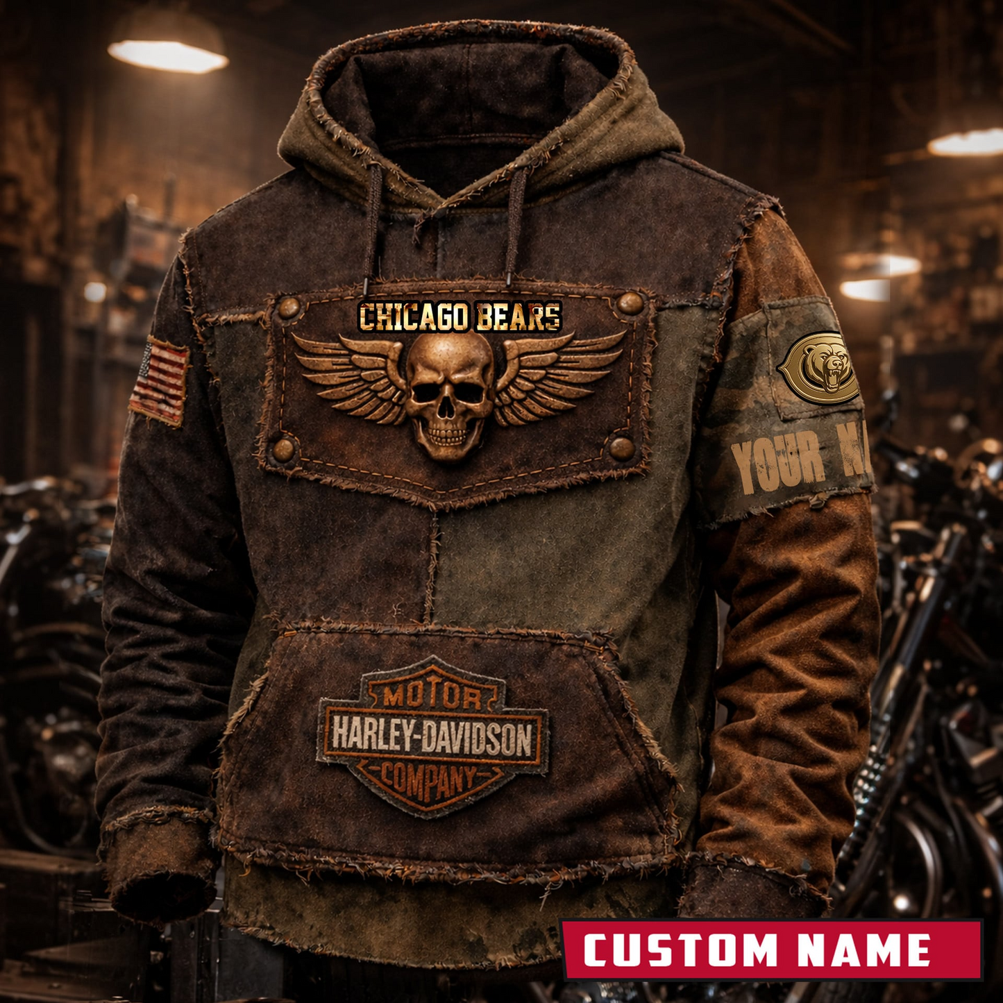 CHI x NFL Motorcycle Personalized Vintage Hoodie DDT NTL