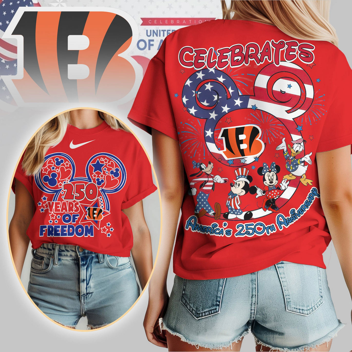 CIN Premium NFL Mickey Celebrates America 250th Anniversary Women Shirt DDT NTL