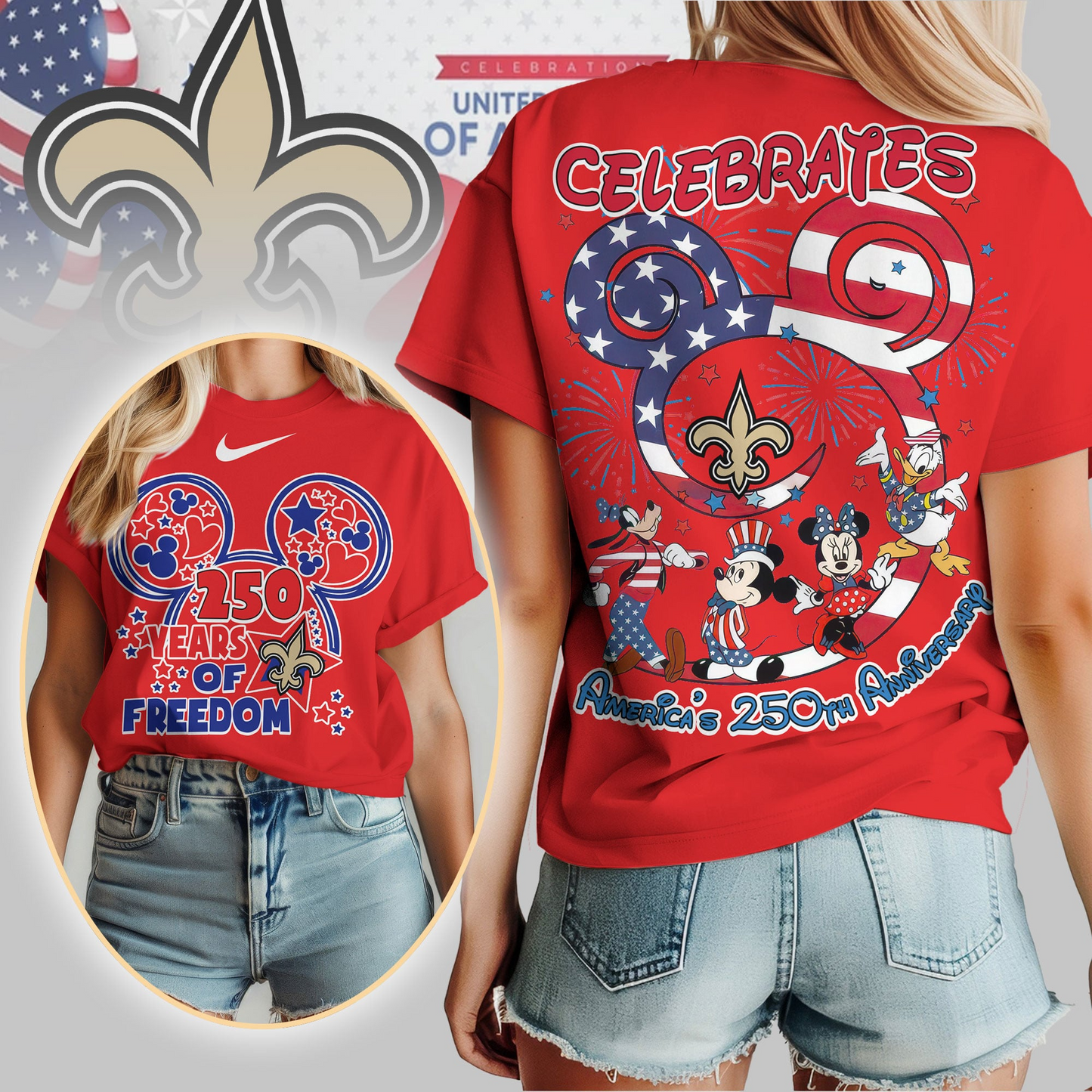 NOS Premium NFL Mickey Celebrates America 250th Anniversary Women Shirt DDT NTL