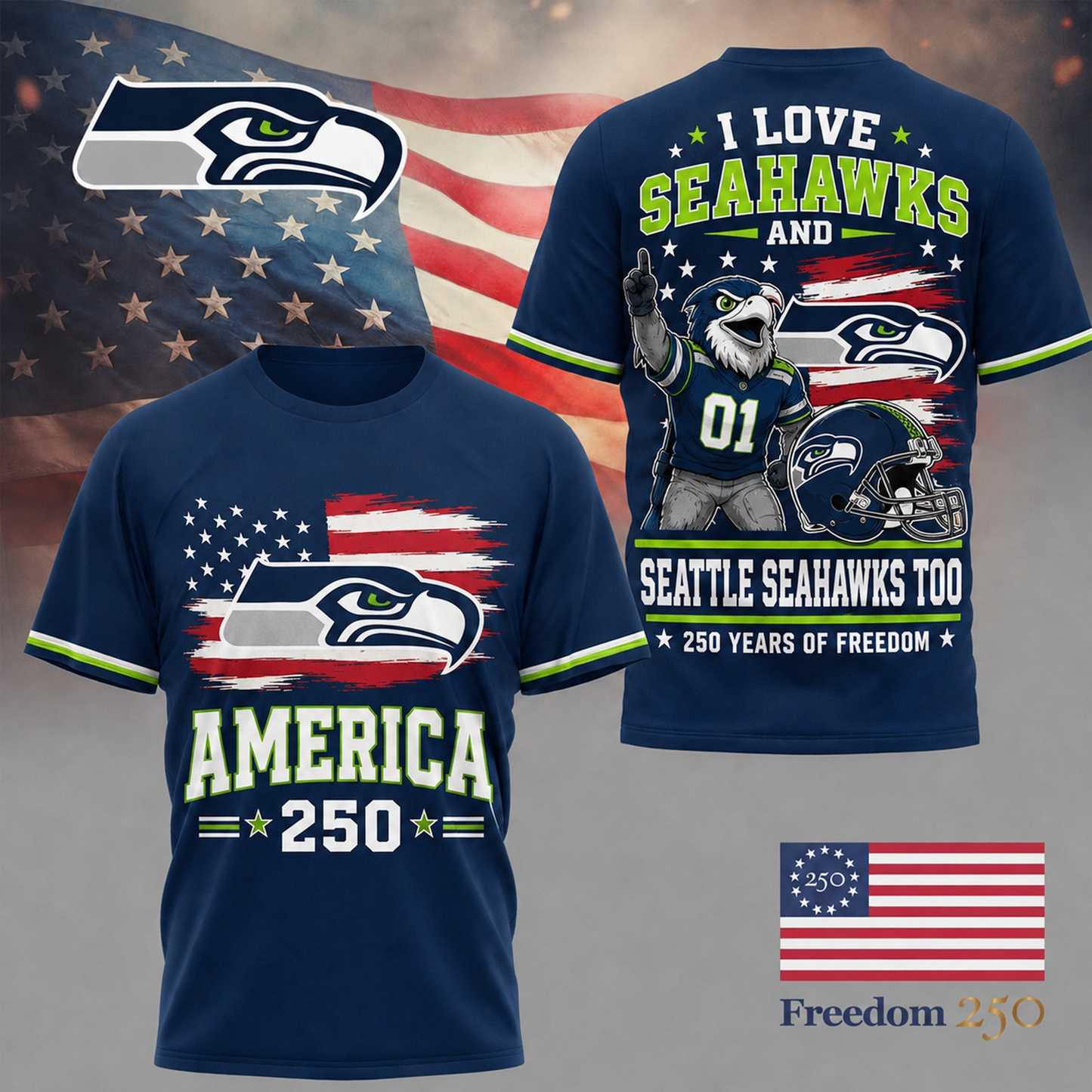 SS Premium NFL 250 Years Of Freedom 3D Shirt120626