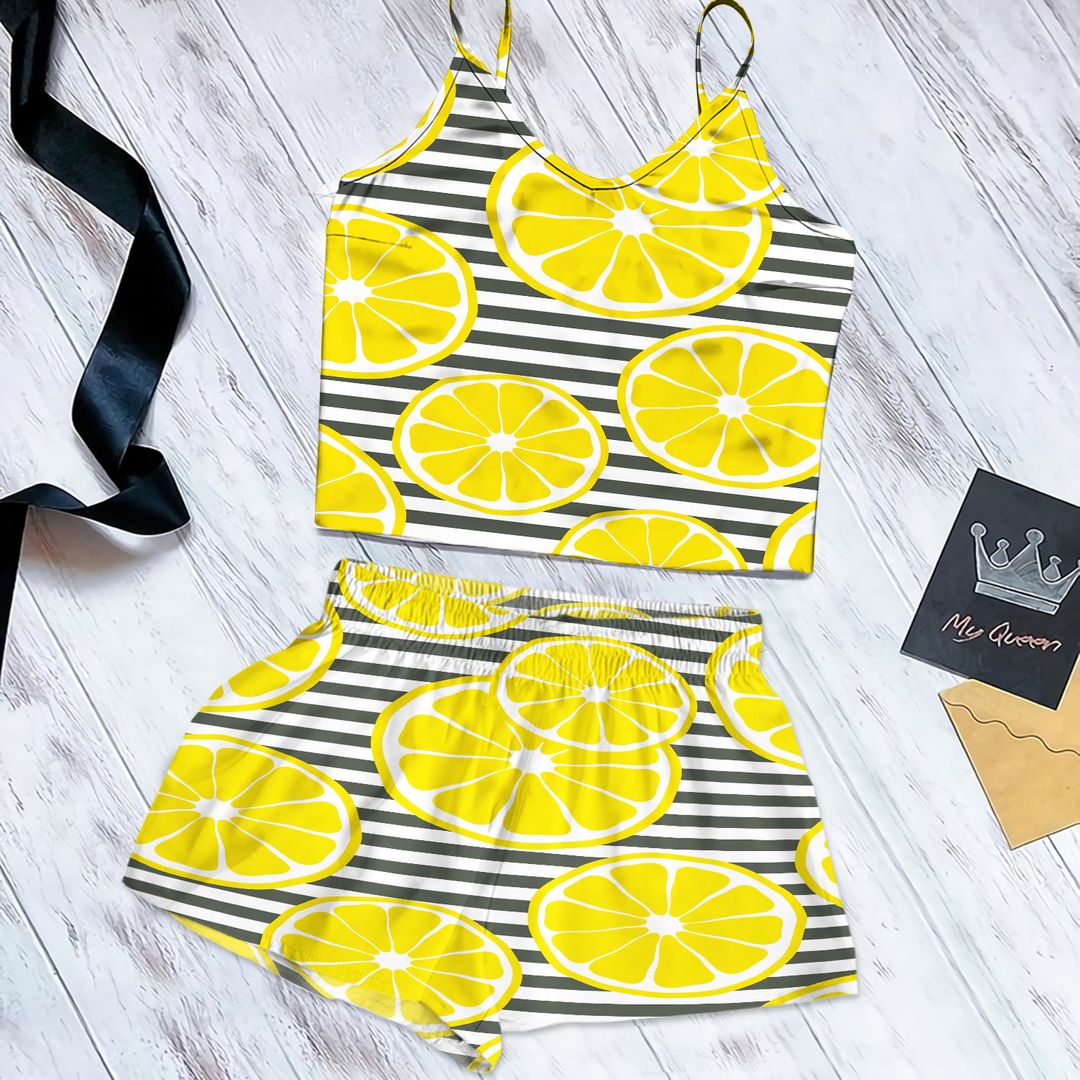 Slice Of Lemon Design Cami Pajama Set For Women | Pyjamas Short Set | Short PJS Set | Women Tank Top and Shorts Sleepwear Set