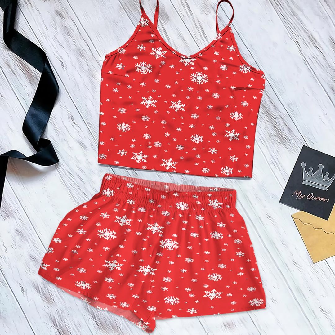 Snowflake Cami Pajama Set For Women | Pyjamas Short Set | Short PJS Set | Women Tank Top and Shorts Sleepwear Set