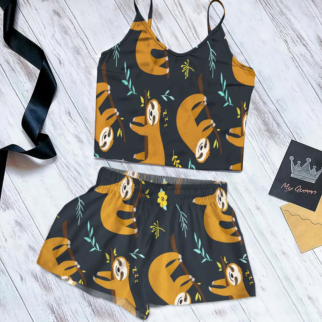 Sloth Pattern Cami Pajama Set For Women | Pyjamas Short Set | Short PJS Set | Women Tank Top and Shorts Sleepwear Set