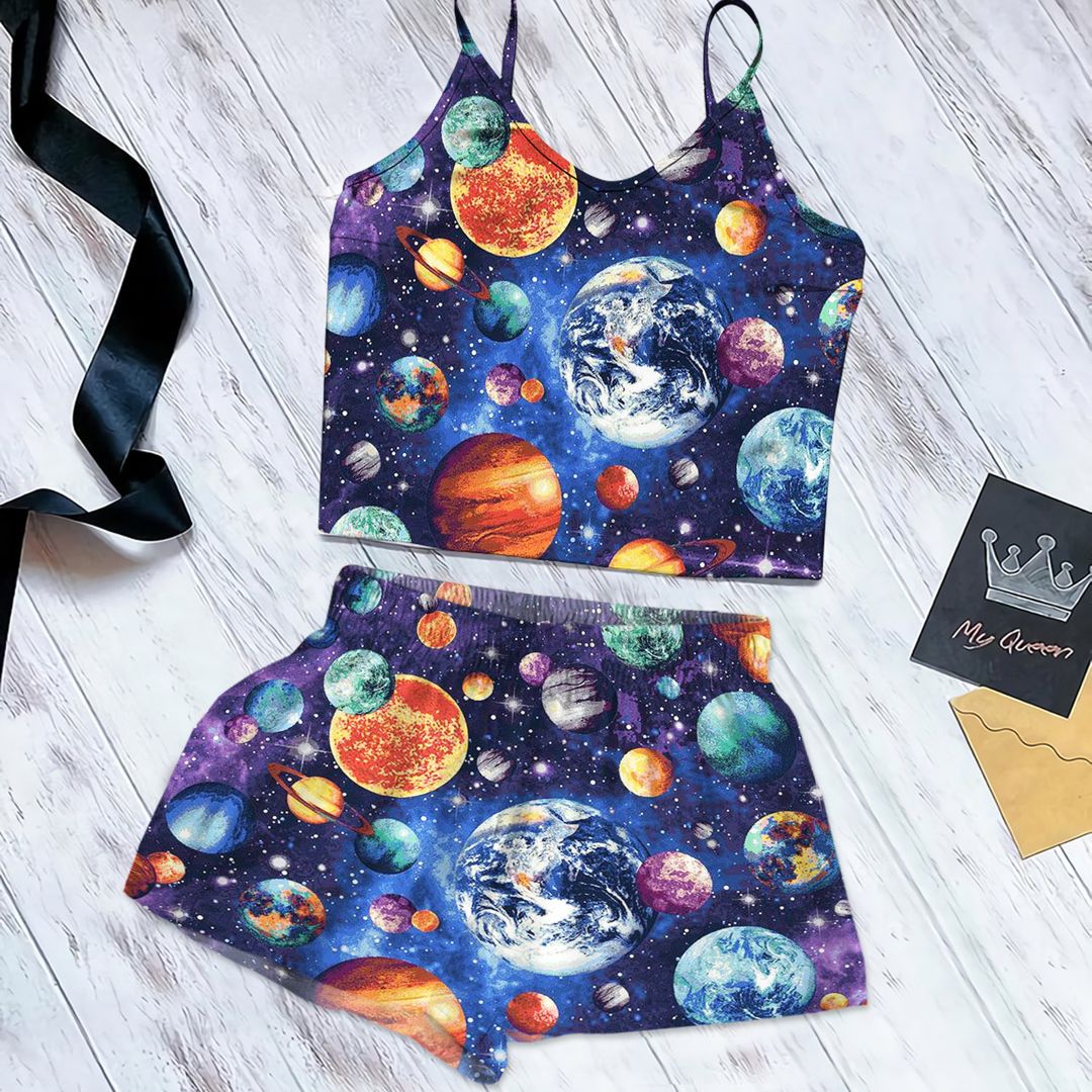 Solar System Cami Pajama Set For Women | Pyjamas Short Set | Short PJS Set | Women Tank Top and Shorts Sleepwear Set
