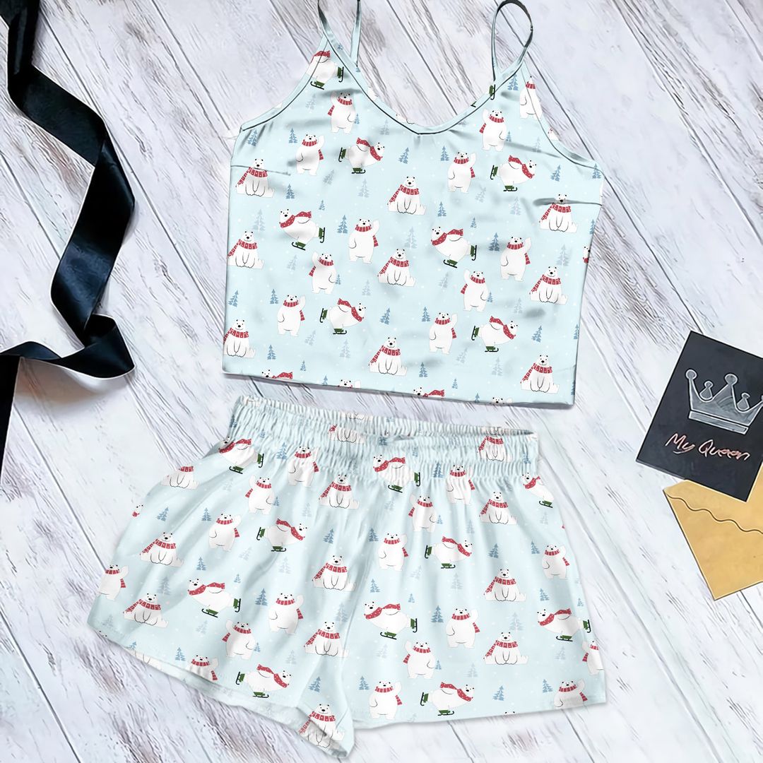 Snow Skating Polar Bear Cami Pajama Set For Women | Pyjamas Short Set | Short PJS Set | Women Tank Top and Shorts Sleepwear Set
