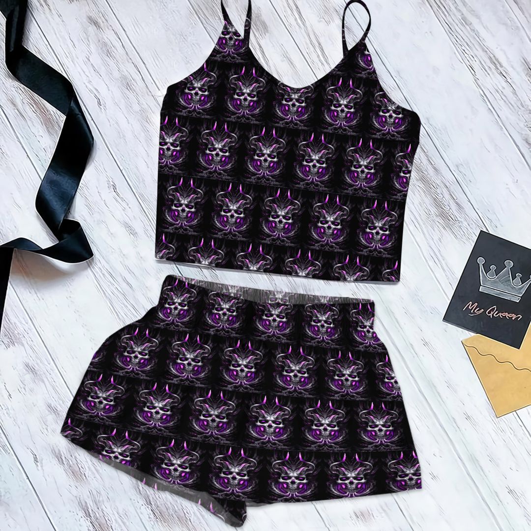 Skull Purple Cami Pajama Set For Women | Pyjamas Short Set | Short PJS Set | Women Tank Top and Shorts Sleepwear Set
