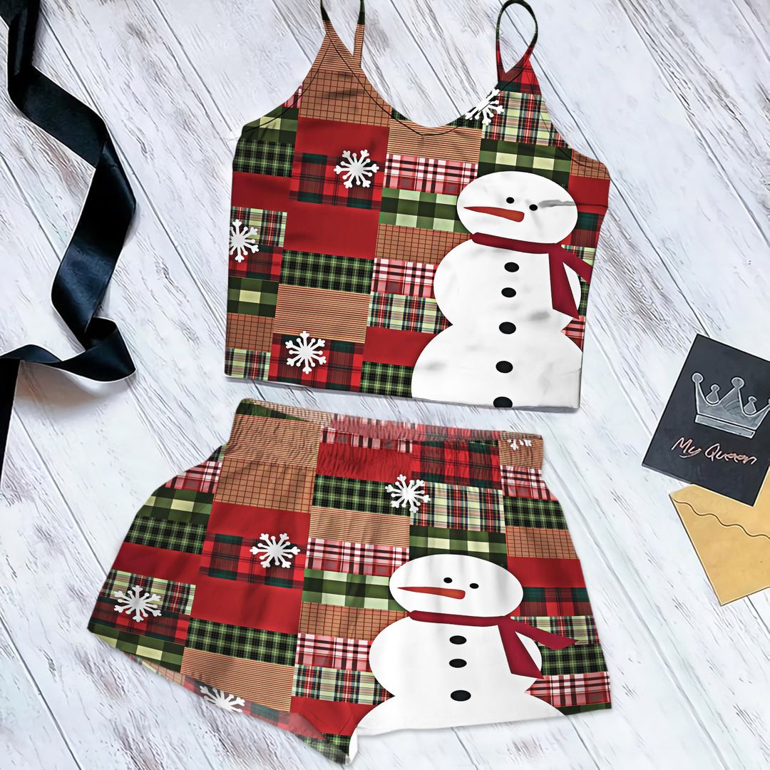 Snowman Christmas Cami Pajama Set For Women | Pyjamas Short Set | Short PJS Set | Women Tank Top and Shorts Sleepwear Set