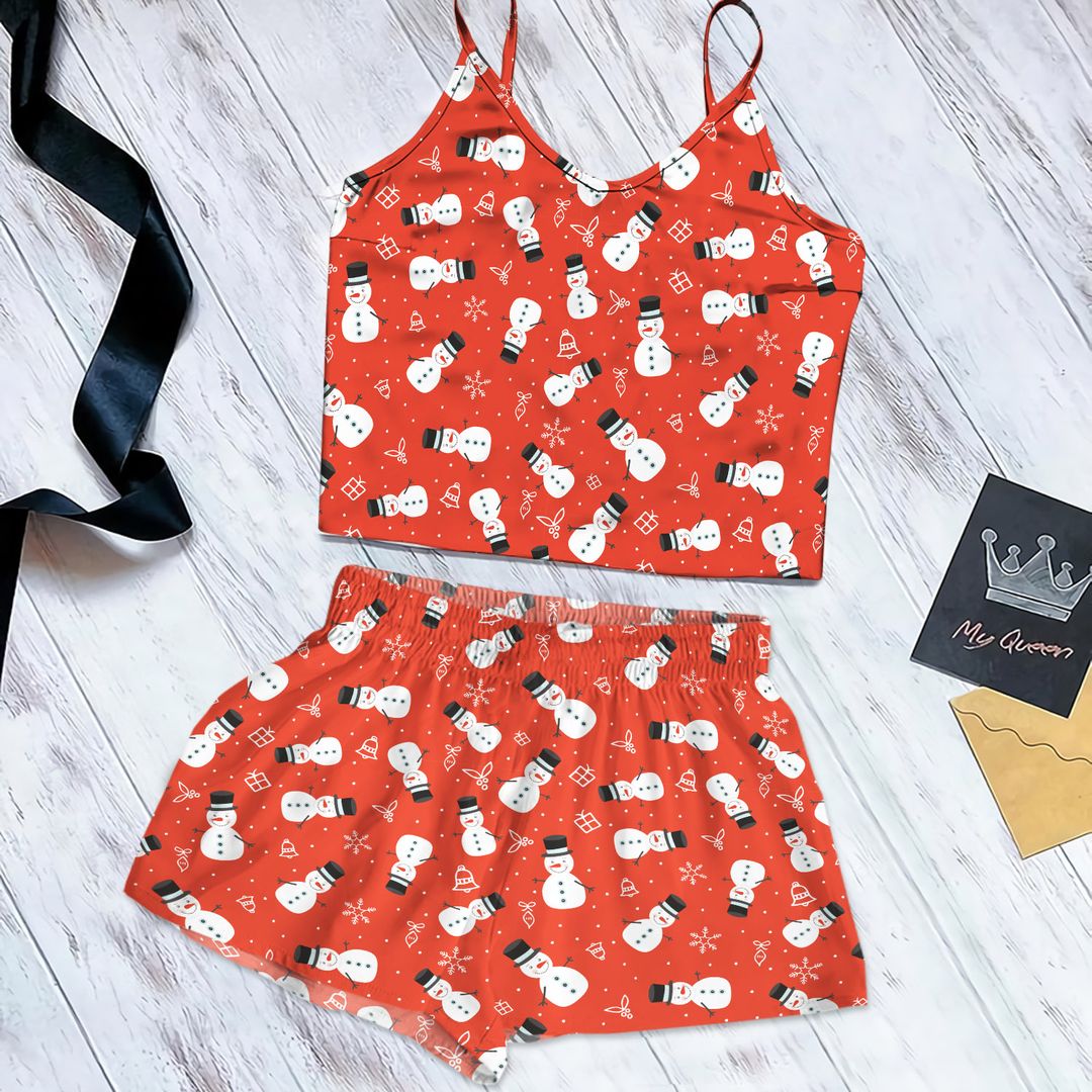 Snowman On Red Background Cami Pajama Set For Women | Pyjamas Short Set | Short PJS Set | Women Tank Top and Shorts Sleepwear Set