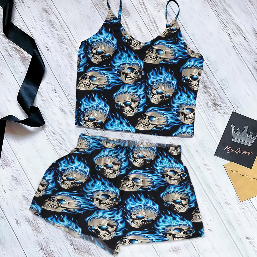 Skull Cami Pajama Set For Women | Pyjamas Short Set | Short PJS Set | Women Tank Top and Shorts Sleepwear Set