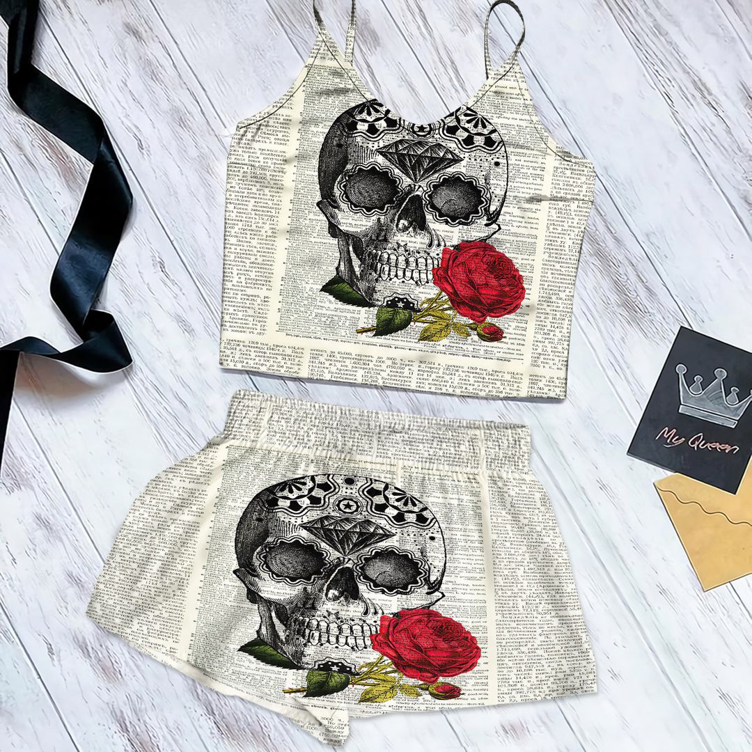 Skull Rose Beige Good Cami Pajama Set For Women | Pyjamas Short Set | Short PJS Set | Women Tank Top and Shorts Sleepwear Set
