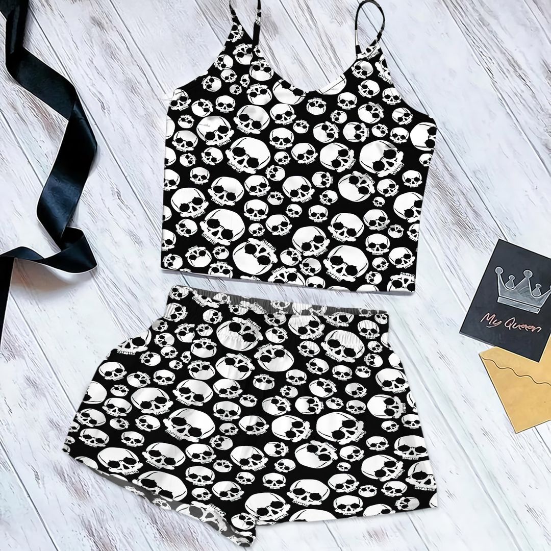 Skull Black And White Cami Pajama Set For Women | Pyjamas Short Set | Short PJS Set | Women Tank Top and Shorts Sleepwear Set