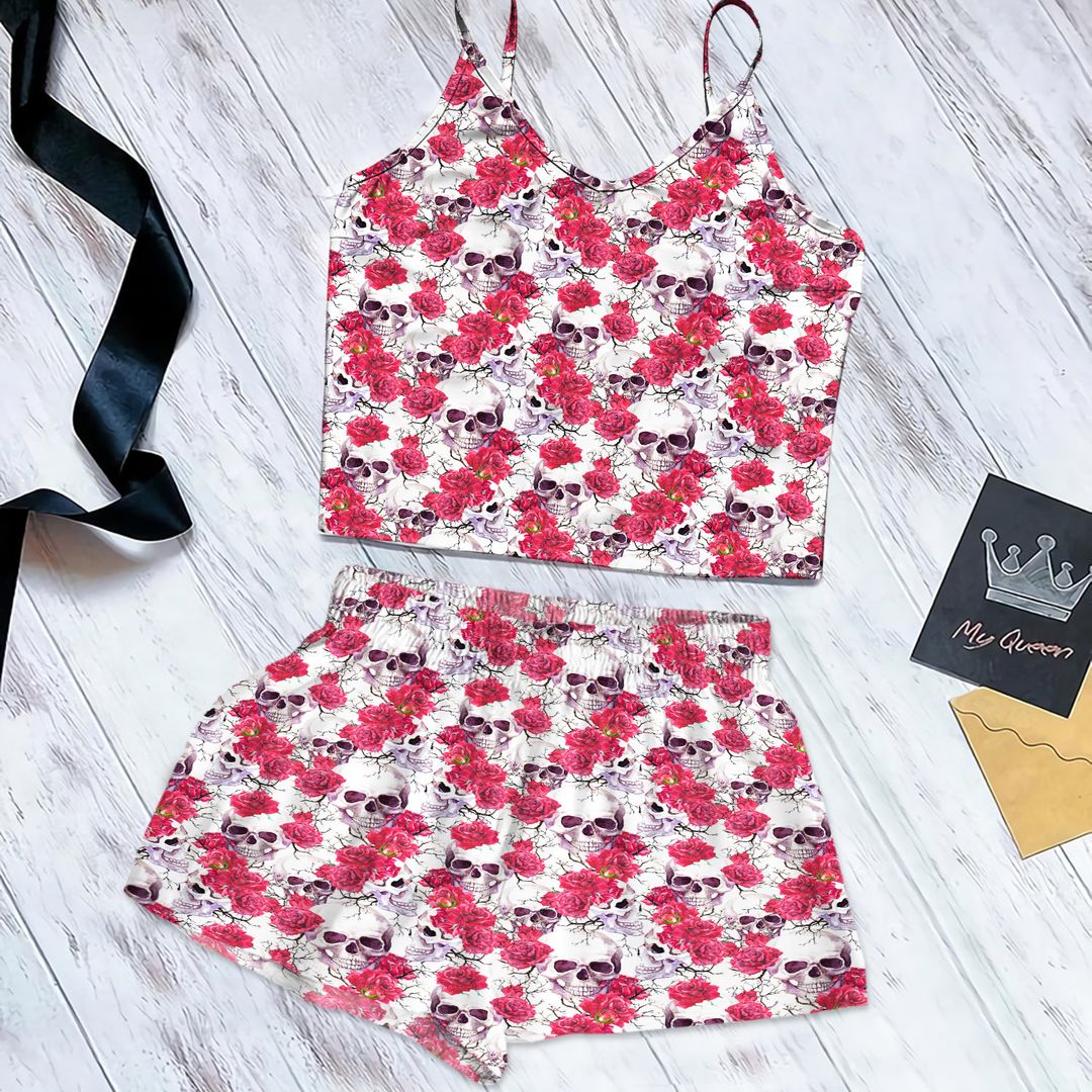 Skulls White Best Cami Pajama Set For Women | Pyjamas Short Set | Short PJS Set | Women Tank Top and Shorts Sleepwear Set