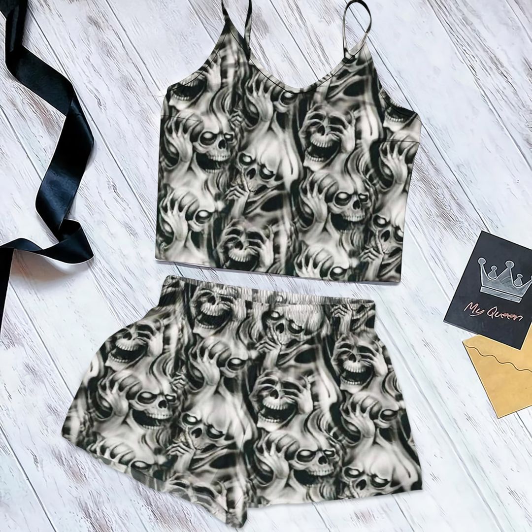 Skull Pattern Cami Pajama Set For Women | Pyjamas Short Set | Short PJS Set | Women Tank Top and Shorts Sleepwear Set
