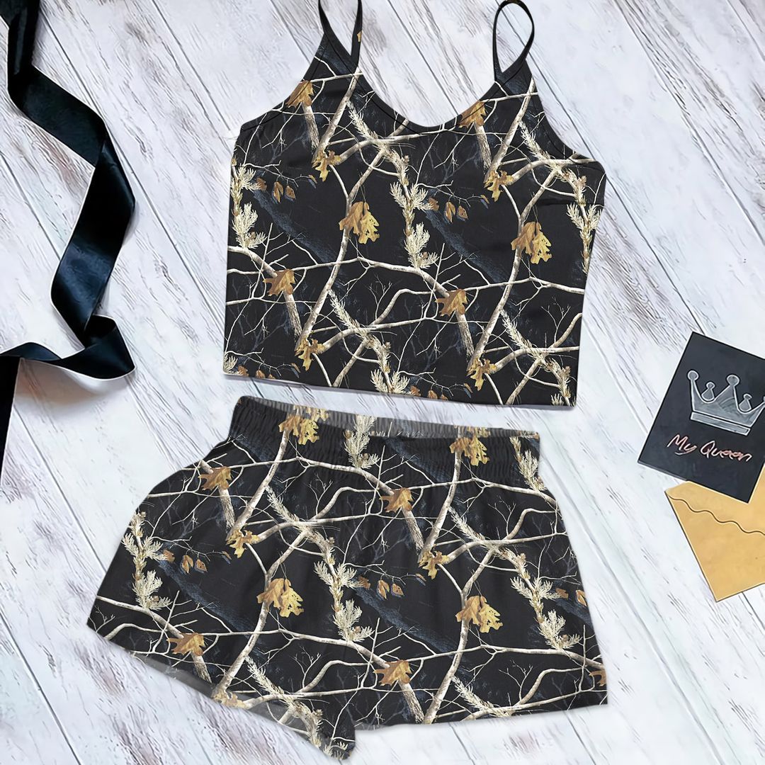 Snow And Black Camo Cami Pajama Set For Women | Pyjamas Short Set | Short PJS Set | Women Tank Top and Shorts Sleepwear Set