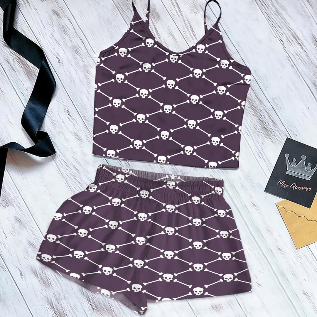 Skull Cami Pajama Set For Women | Pyjamas Short Set | Short PJS Set | Women Tank Top and Shorts Sleepwear Set