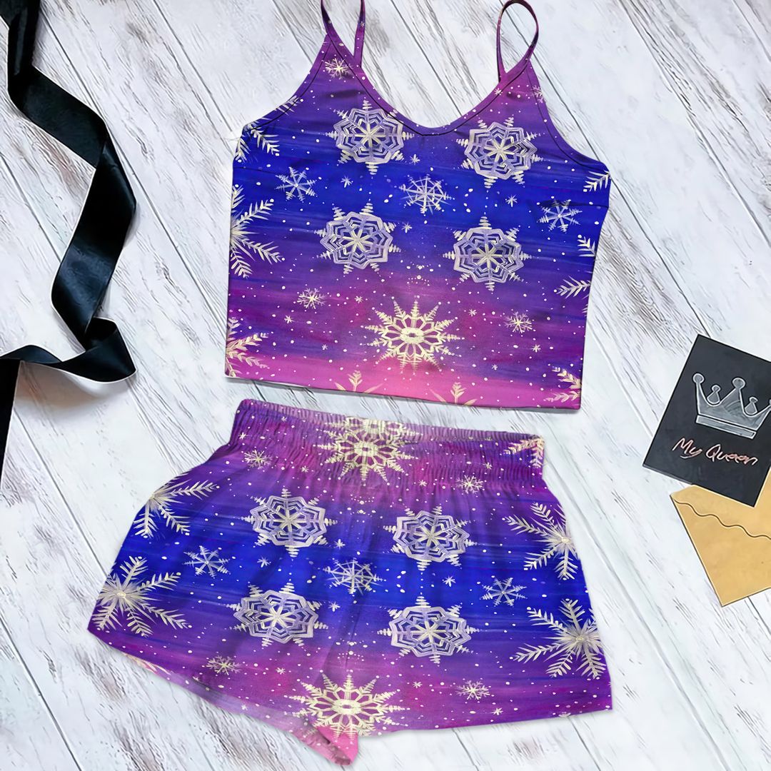 Snowflake Cami Pajama Set For Women | Pyjamas Short Set | Short PJS Set | Women Tank Top and Shorts Sleepwear Set