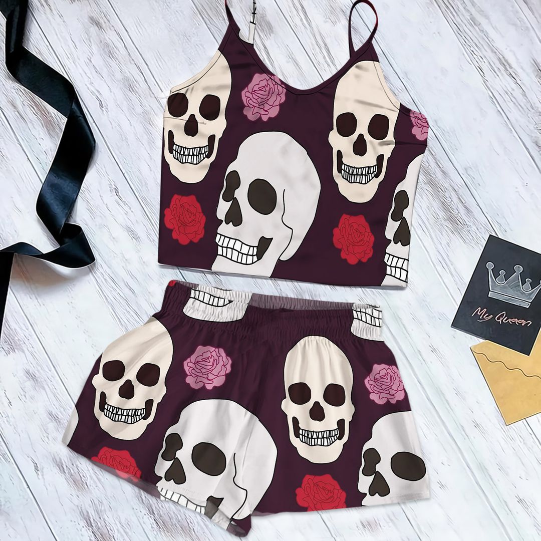 Skull And Roses Pattern By Courtney Graben Cami Pajama Set For Women | Pyjamas Short Set | Short PJS Set | Women Tank Top and Shorts Sleepwear Set