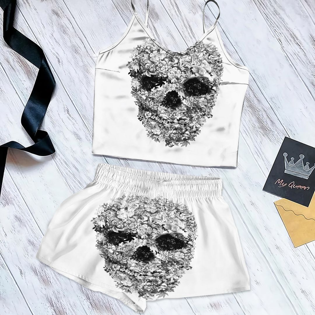 Skull White Cami Pajama Set For Women | Pyjamas Short Set | Short PJS Set | Women Tank Top and Shorts Sleepwear Set
