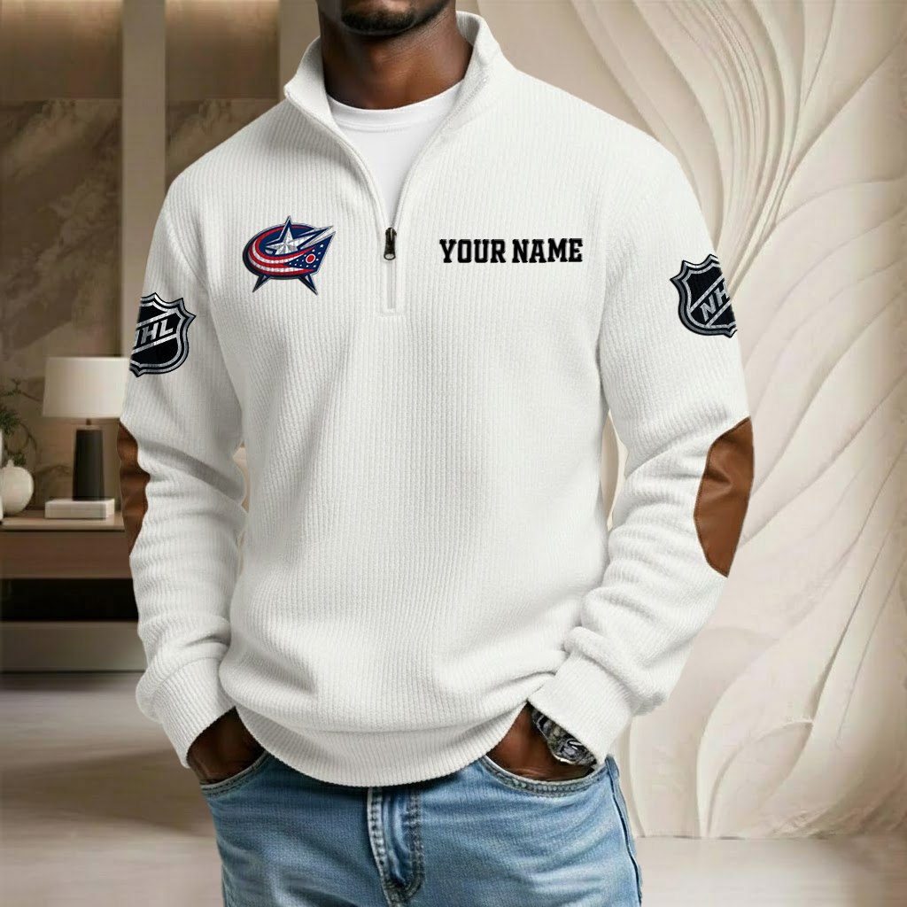 NHL x CBJ Custom Name Stand Collar Half-zip Sweatshirt HLP HLPHUONG