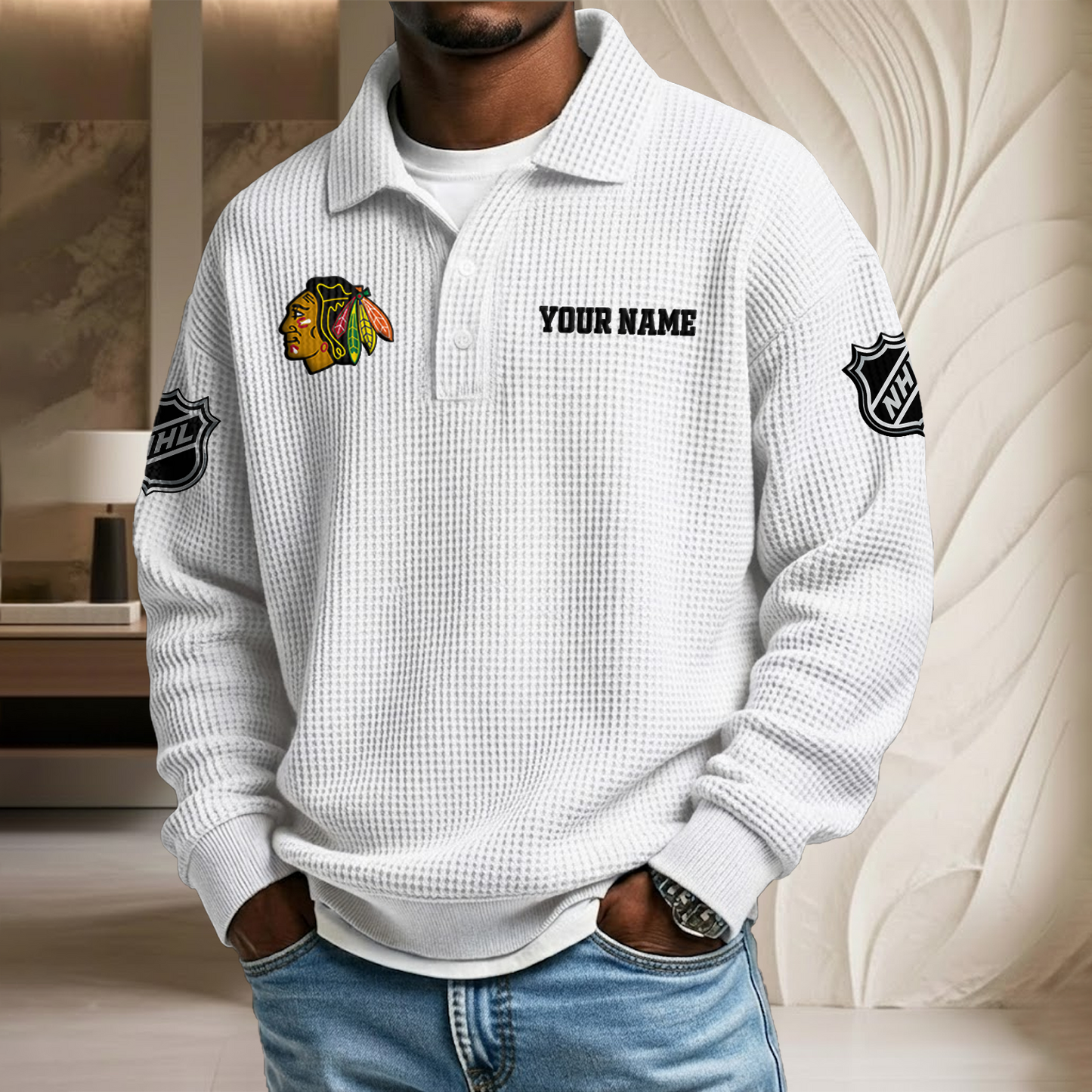 NHL x CHI Custom Name Waffle Three Button Lapel Polo HLP HLPHUONG