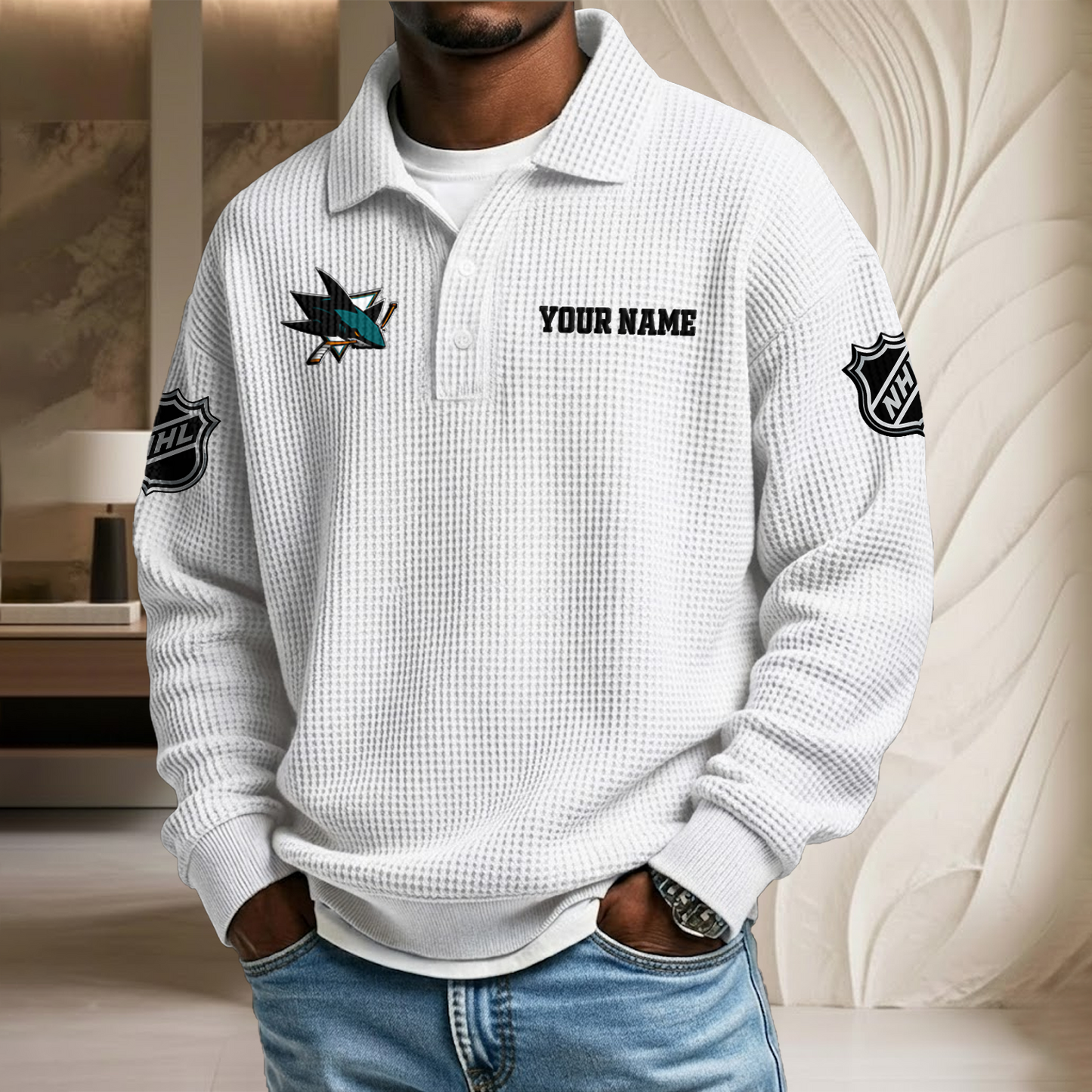 NHL x SJ Custom Name Waffle Three Button Lapel Polo HLP HLPHUONG