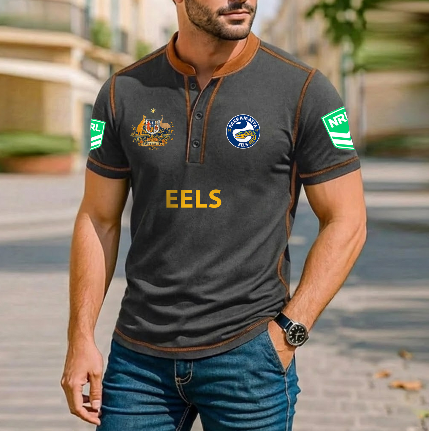 PREMIUM NRL X PE ROYAL HENLEY SHIRT FOR NEW YEAR NDT VHM