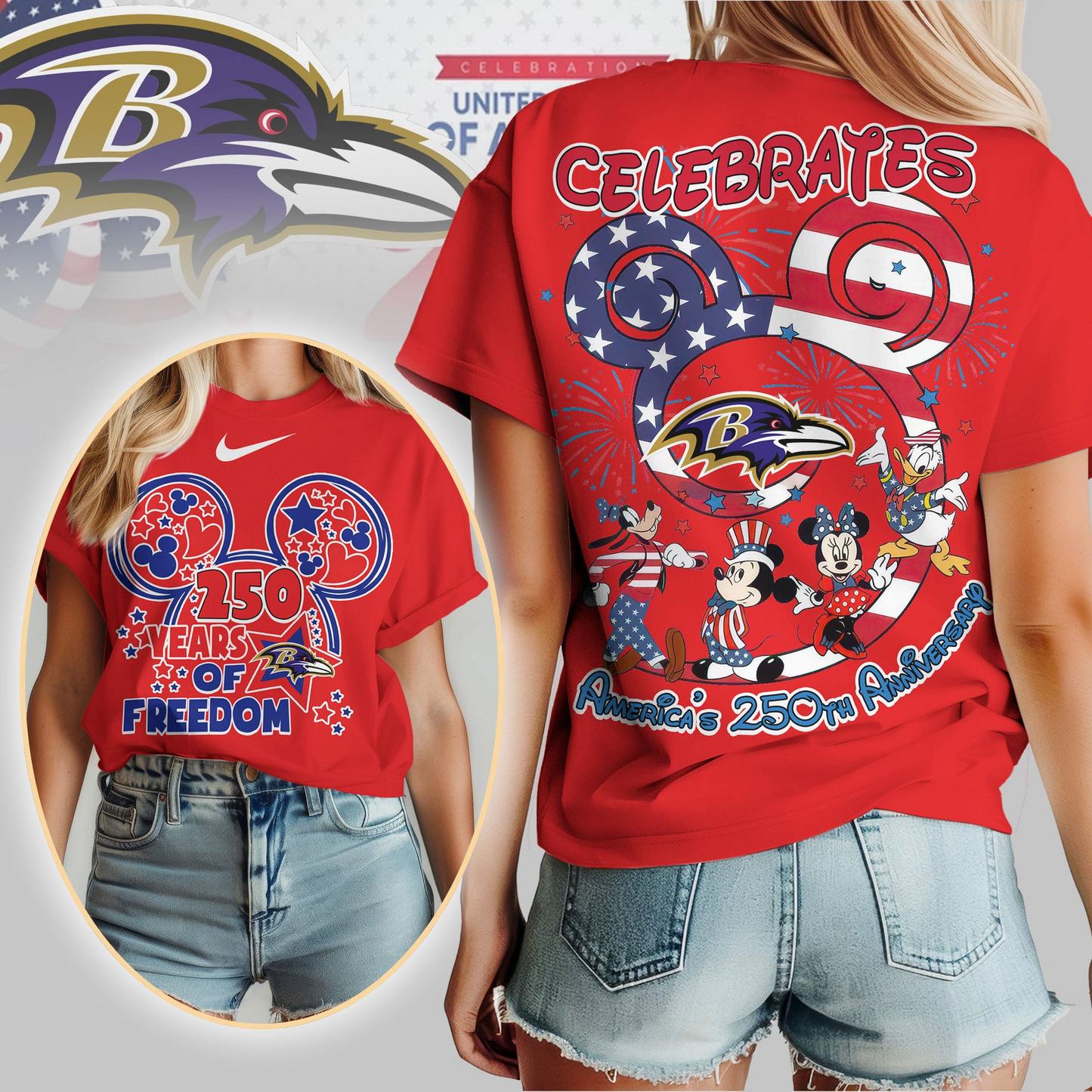 BR Premium NFL Mickey Celebrates America 250th Anniversary Women Shirt DDT NTL