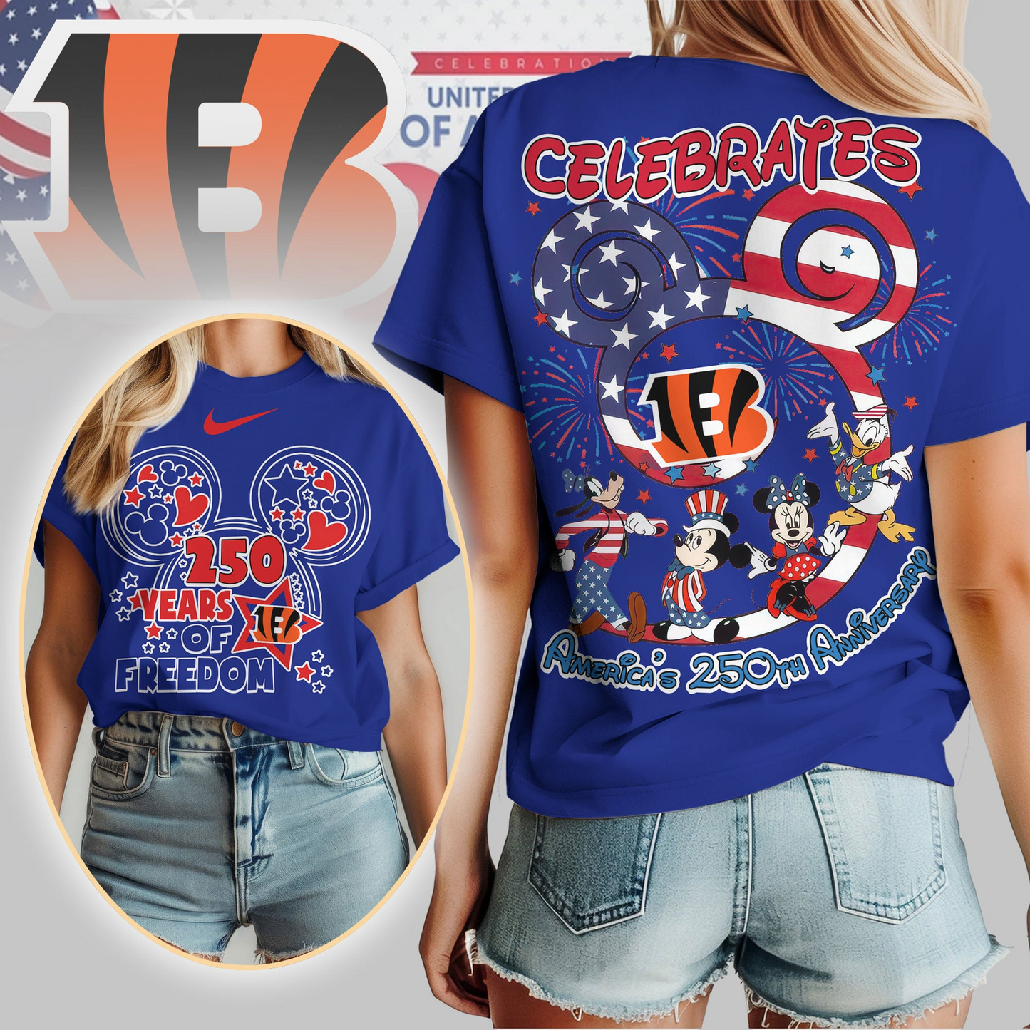 CIN Premium NFL Mickey Celebrates America 250th Anniversary Women Shirt DDT NTL