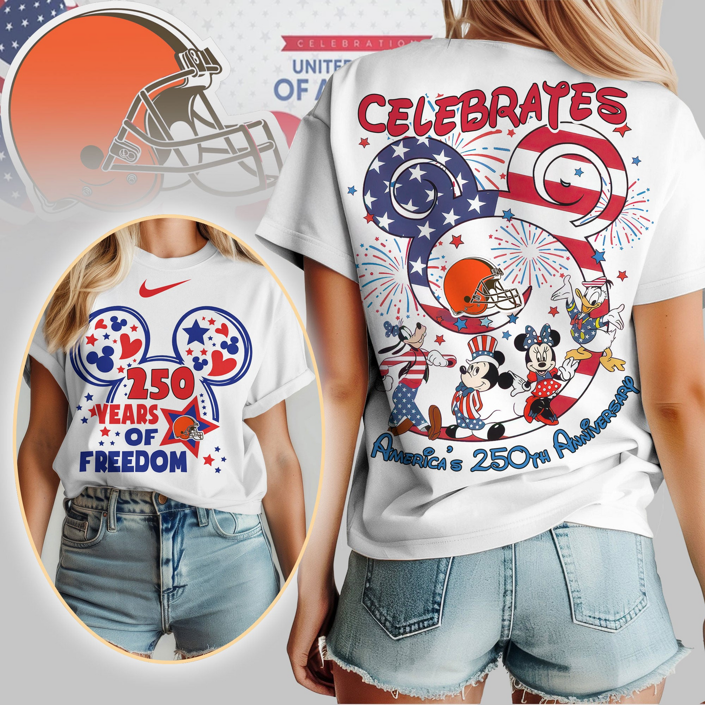 CLE Premium NFL Mickey Celebrates America 250th Anniversary Women Shirt DDT NTL