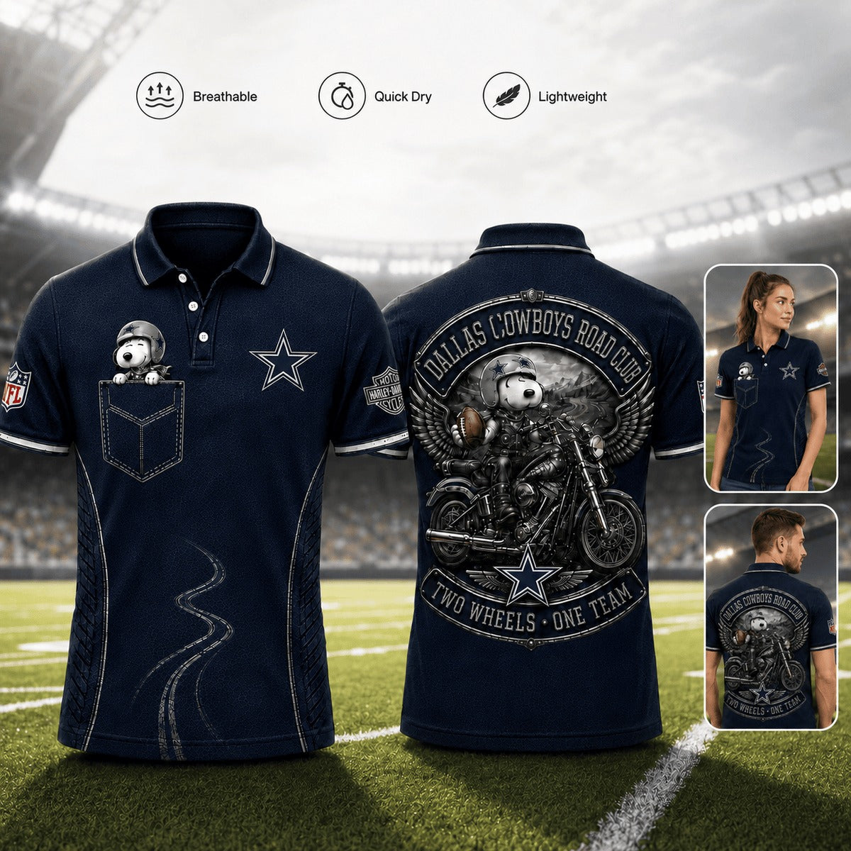 DC Premium NFL Snoopy Biker Game Day Polo Shirt 100626