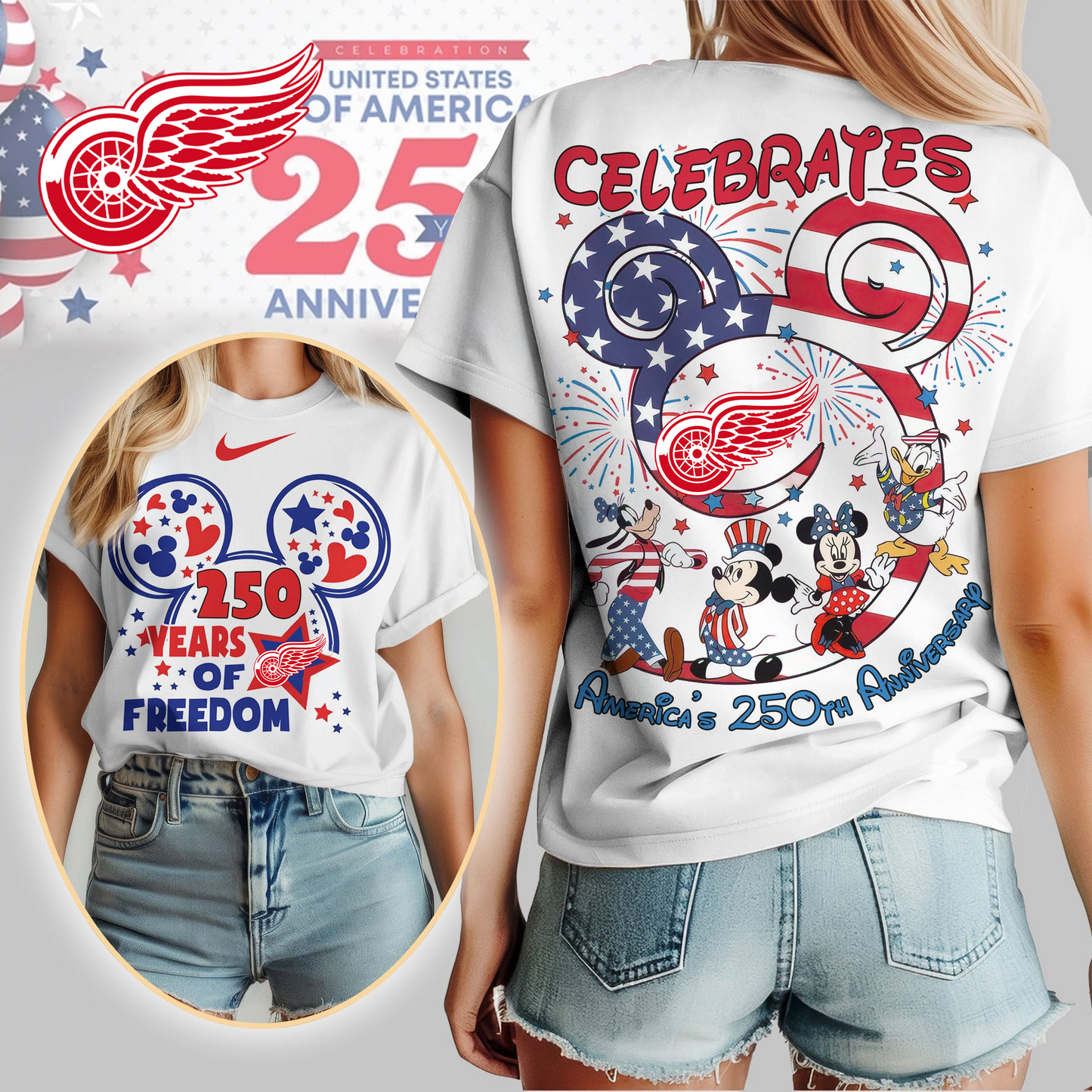 DRW Premium NHL Mickey Celebrates America 250th Anniversary Women Shirt DDT CTND