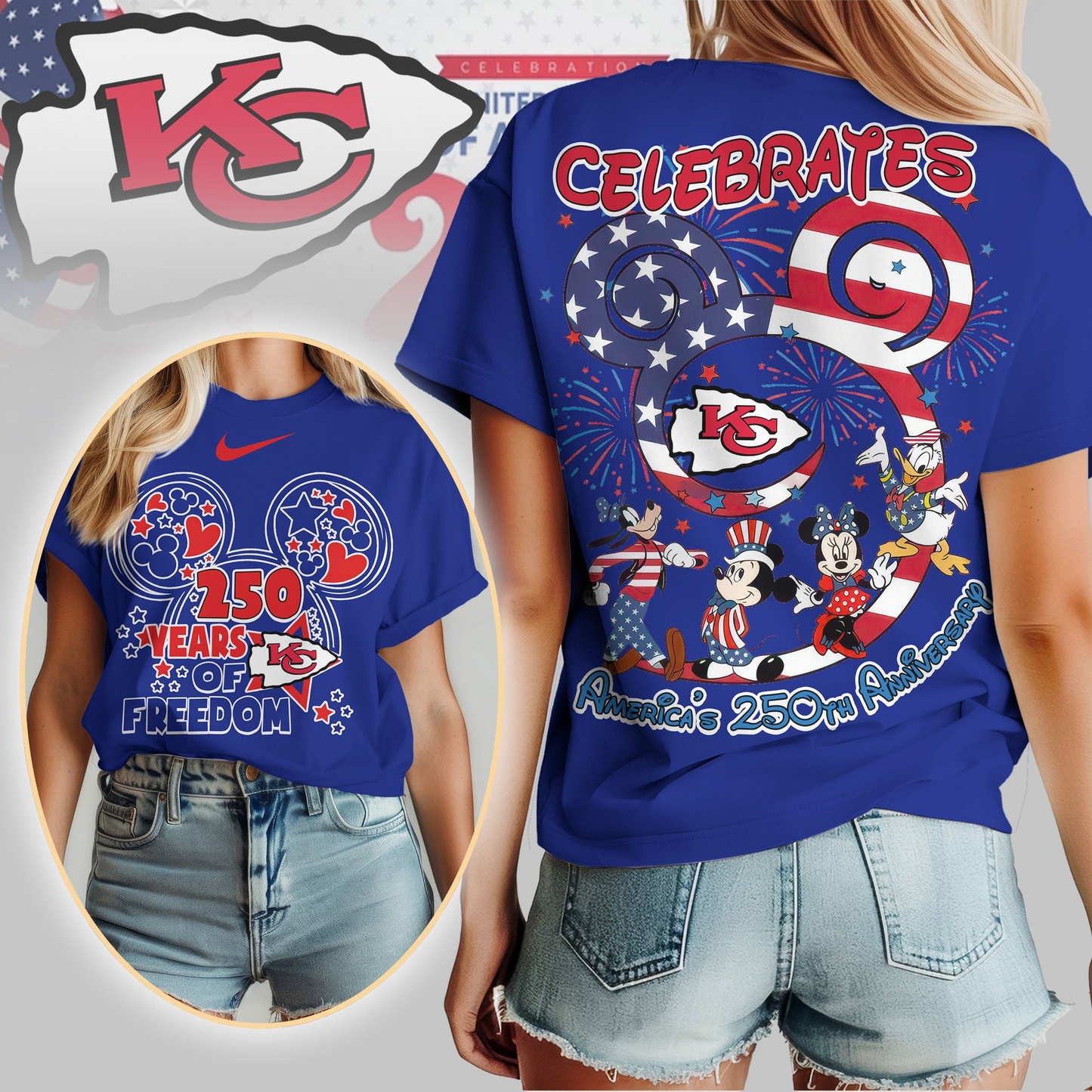 KCC Premium NFL Mickey Celebrates America 250th Anniversary Women Shirt DDT NTL