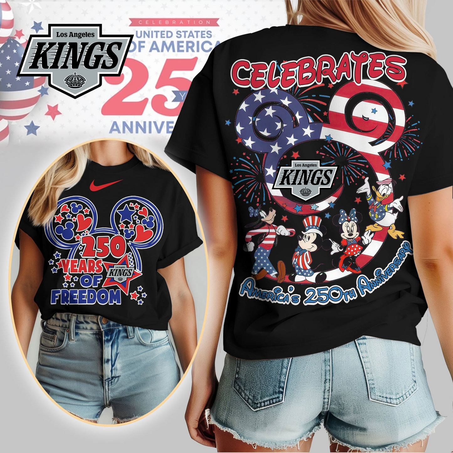 LAK Premium NHL Mickey Celebrates America 250th Anniversary Women Shirt DDT CTND