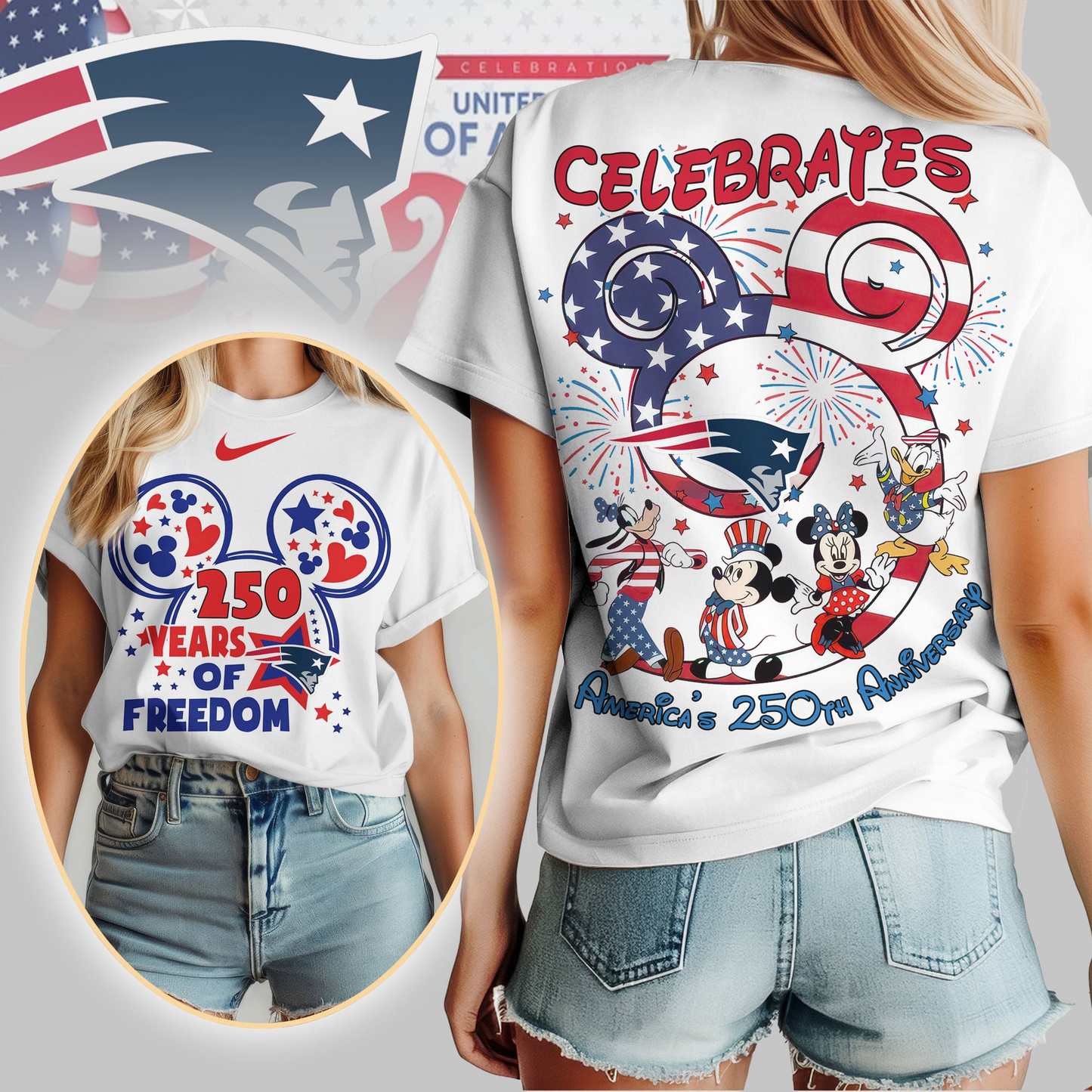 NEP Premium NFL Mickey Celebrates America 250th Anniversary Women Shirt DDT NTL