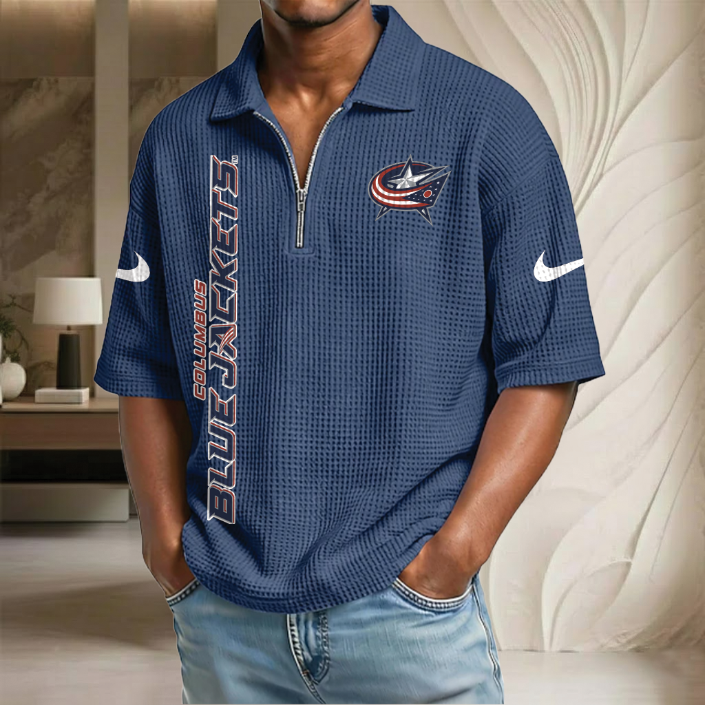 NHL x CBJ Waffle Half-Zip Polo Shirt HLP 070326 HLPHUONG