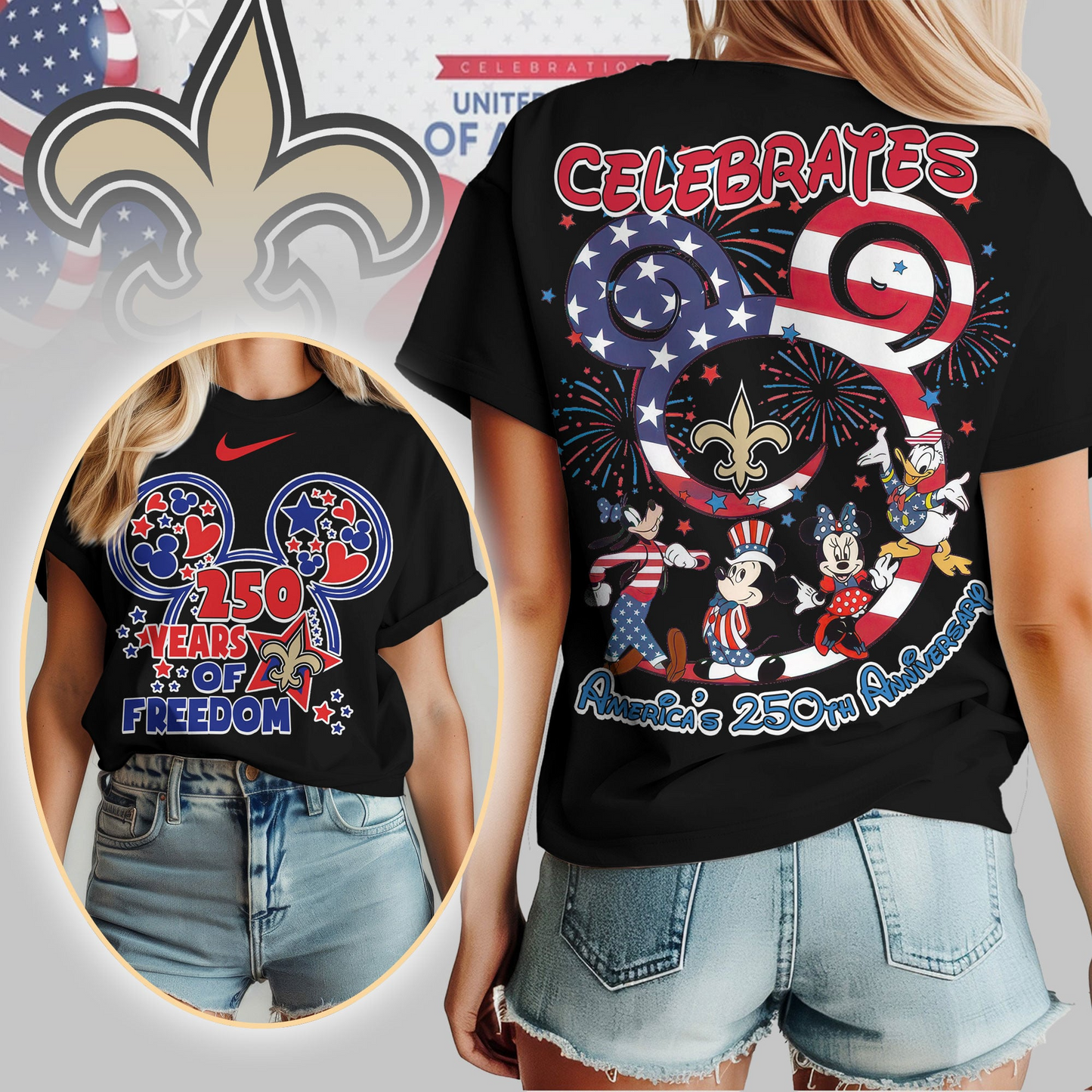 NOS Premium NFL Mickey Celebrates America 250th Anniversary Women Shirt DDT NTL