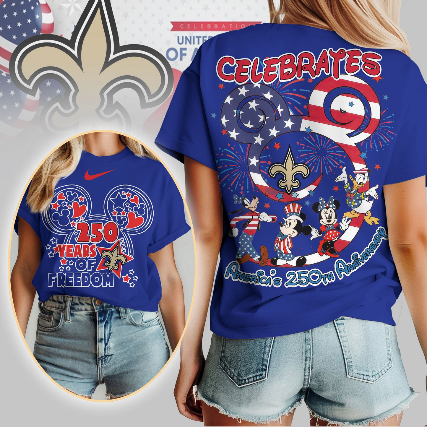 NOS Premium NFL Mickey Celebrates America 250th Anniversary Women Shirt DDT NTL
