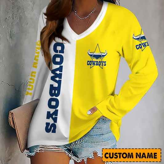 PREMIUM NRL X NQC Women's V-Neck Long-Sleeved Shirt Limited Edition NDT VHM