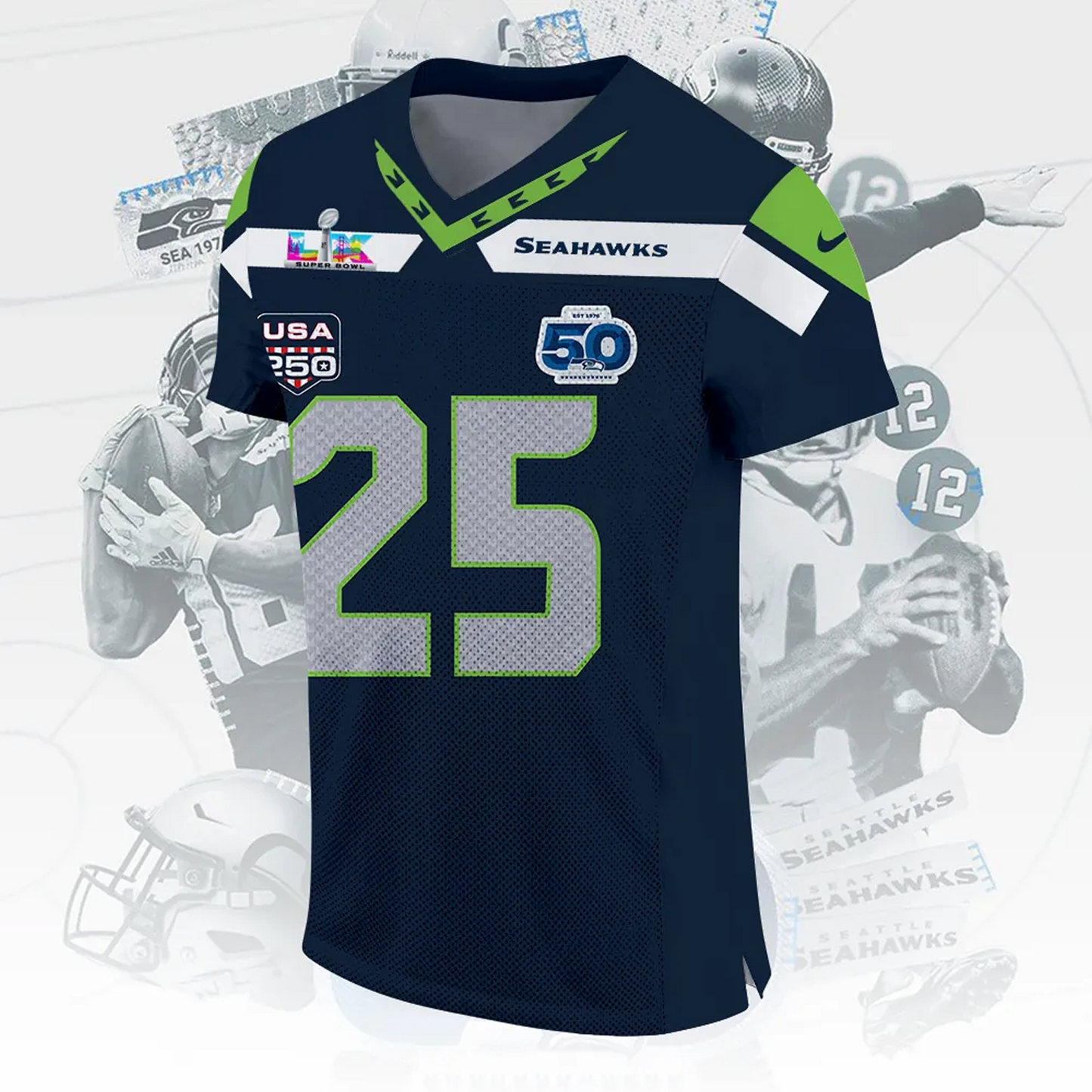SEA x NFL 50th Anniversary 2026 3D Football Jersey V1DatND DVT
