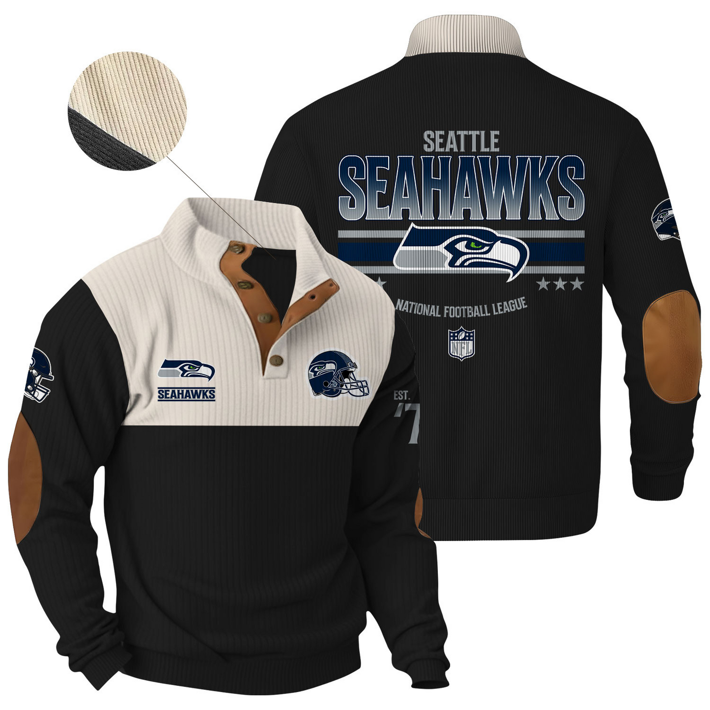 SEA x NFL Football Graphic And Arched Back Lettering Button Sweater V1 DATND TANTD