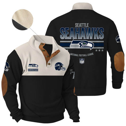 SEA x NFL Football Graphic And Arched Back Lettering Button Sweater V1 DATND TANTD