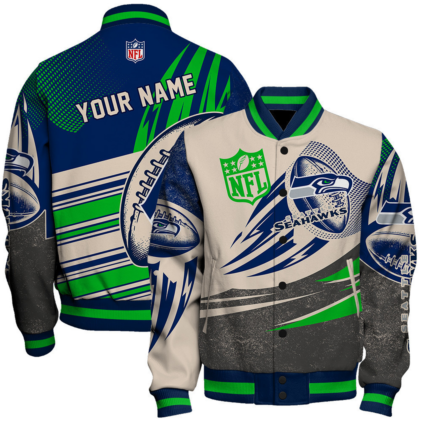 SEA x NFL National Football League Customized AOP Varsity Jacket DATND TANTD