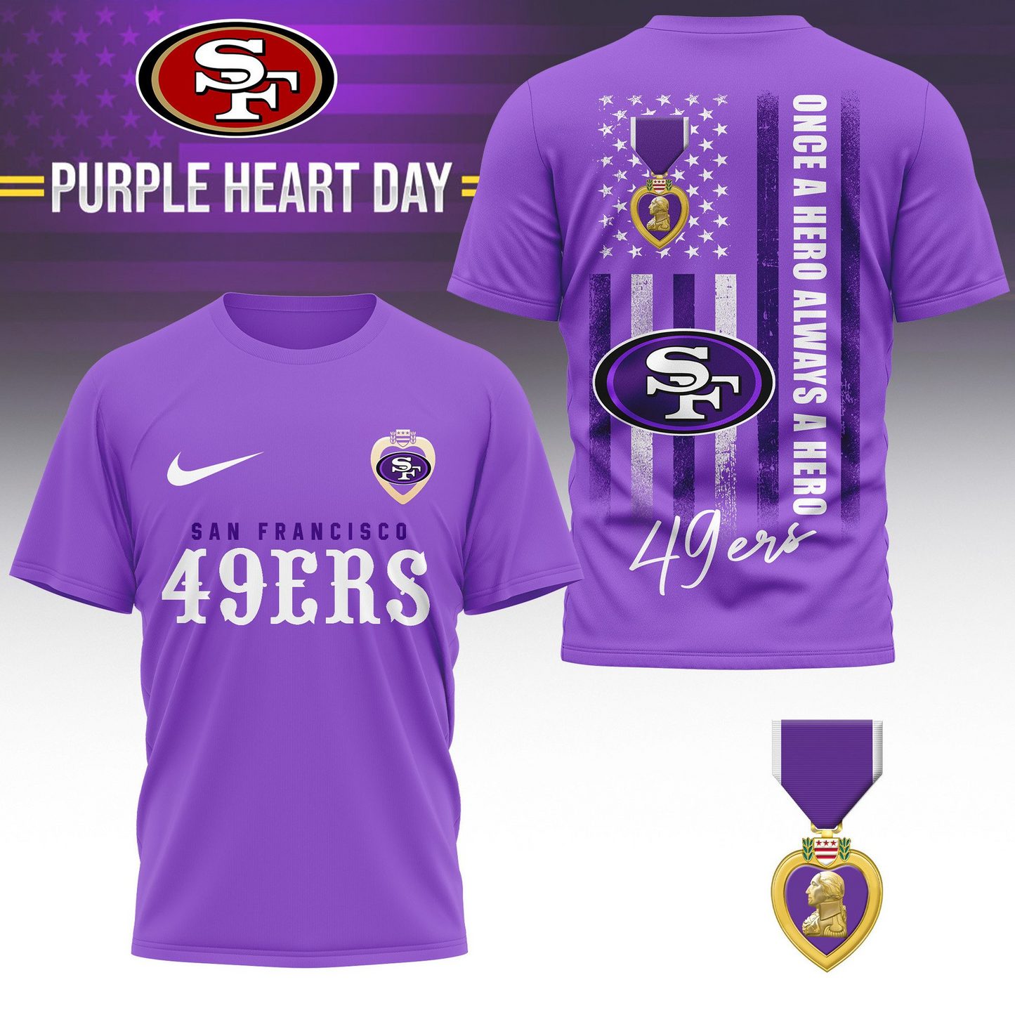 SF 49ers Premium National Purple Hear Day 3D Shirt  300626