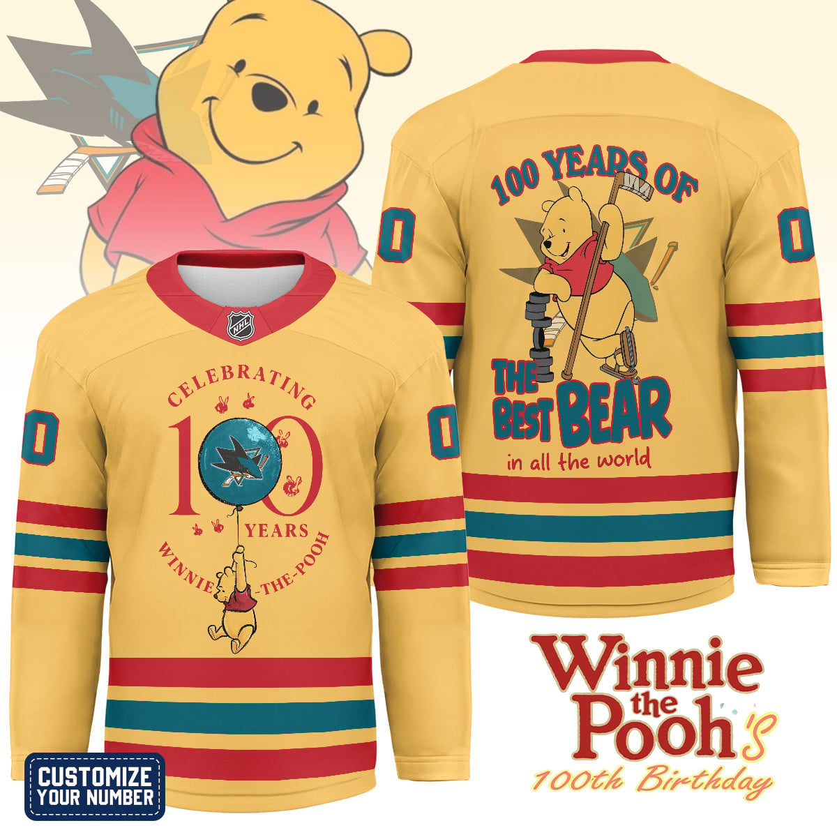 SJS x NHL Premium Winnie The Pooh 100th Anniversary Hockey Jersey DDT CTND