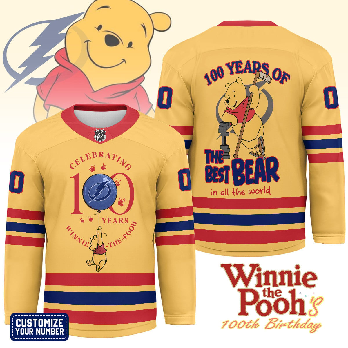 TBL x NHL Premium Winnie The Pooh 100th Anniversary Hockey Jersey DDT CTND