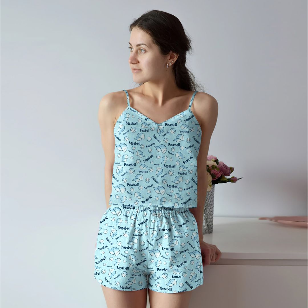 Softball Baseball Cami Pajama Set For Women | Pyjamas Short Set | Short PJS Set | Women Tank Top and Shorts Sleepwear Set
