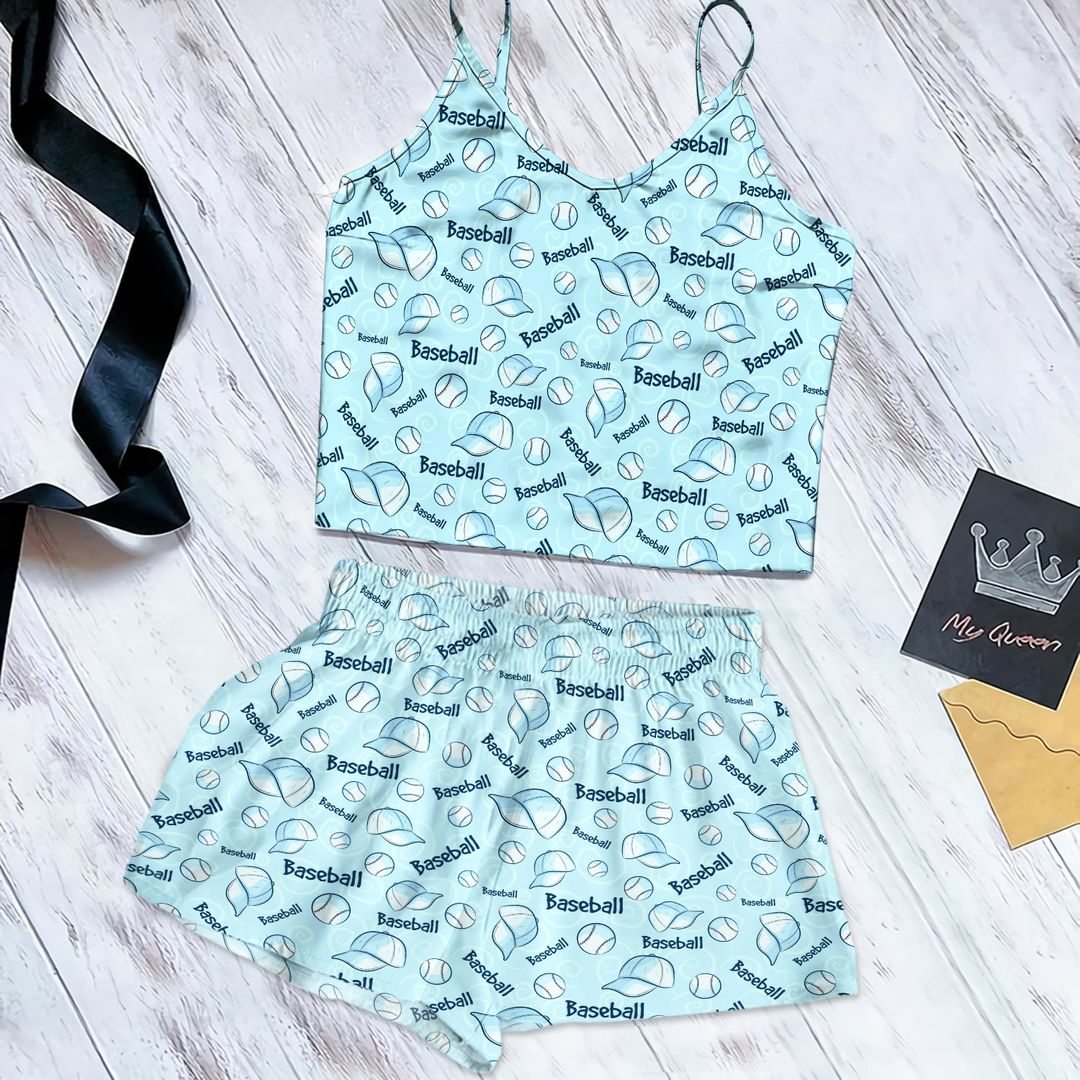 Softball Baseball Cami Pajama Set For Women | Pyjamas Short Set | Short PJS Set | Women Tank Top and Shorts Sleepwear Set