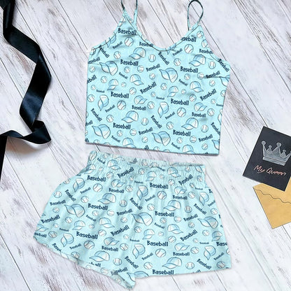 Softball Baseball Cami Pajama Set For Women | Pyjamas Short Set | Short PJS Set | Women Tank Top and Shorts Sleepwear Set