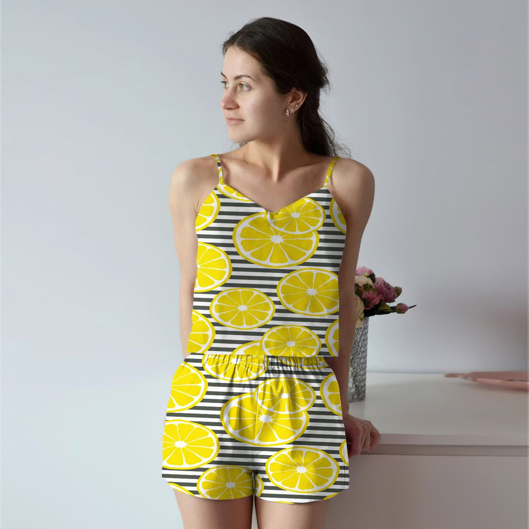 Slice Of Lemon Design Cami Pajama Set For Women | Pyjamas Short Set | Short PJS Set | Women Tank Top and Shorts Sleepwear Set